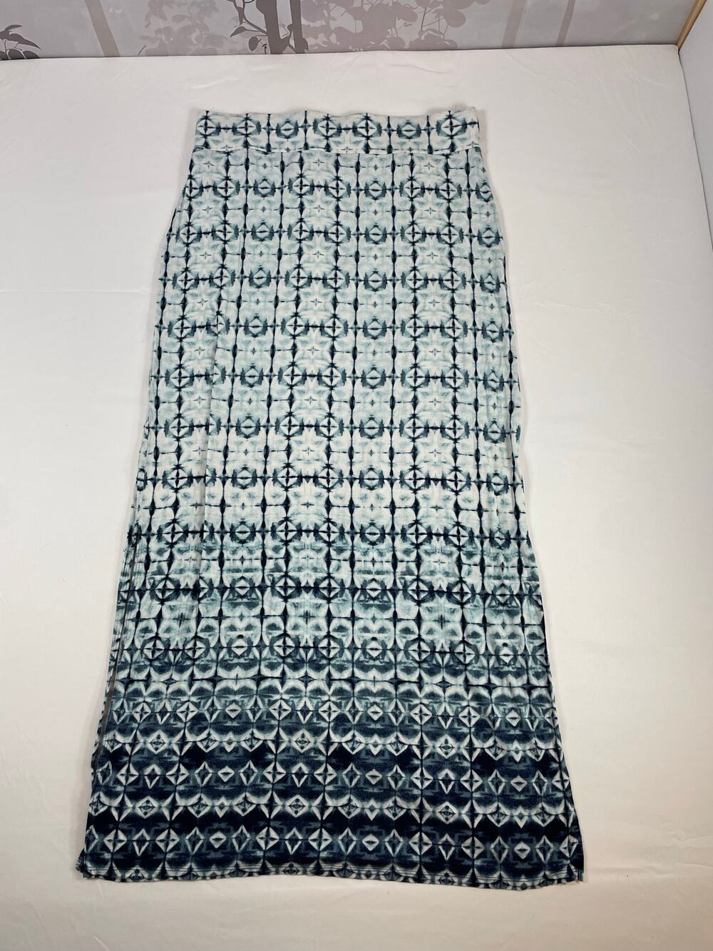 Shibori Tie Dye Maxi Skirt Side Slit Blue White High Waist Boho Stretch L/XL